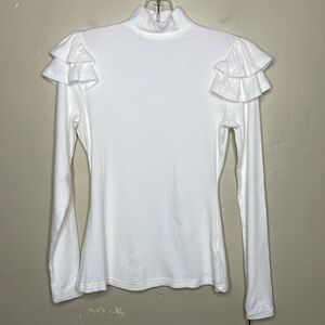 PENELOPE ROSE Top Cream Soft Ribbed Mock Neck Double Ruffle Shoulder Accent Sm